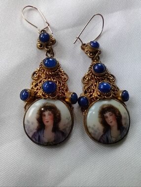 Vintage Painted Porcelain Antique Portrait Drop Earrings Women Jewelry Lapis